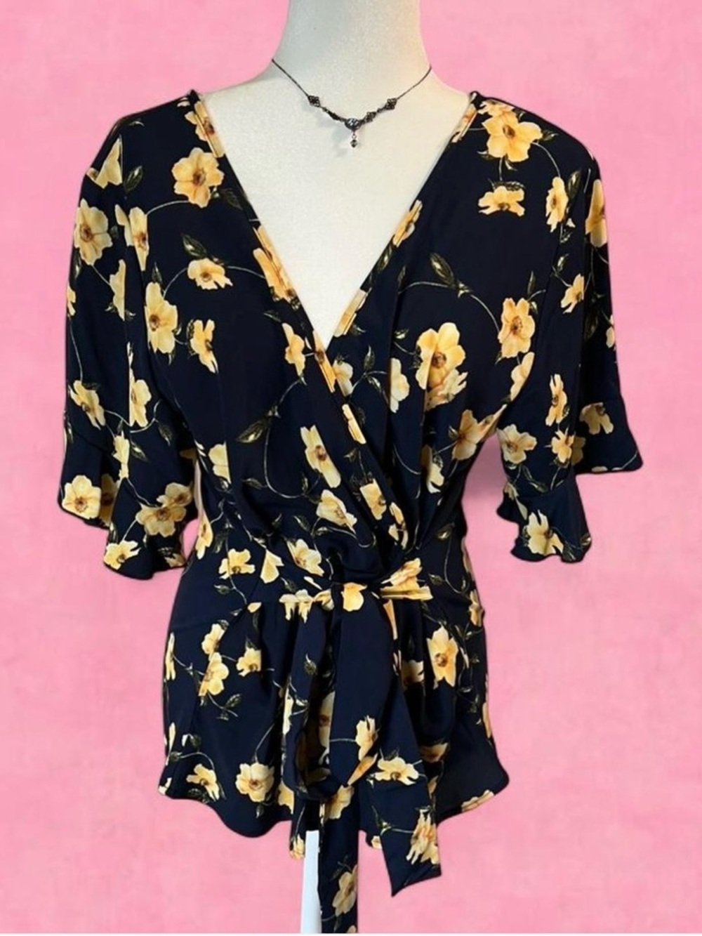 Bluebella Navy Wrap Blouse with Yellow Floral Print